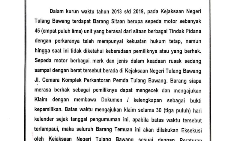  Bagi pemilik kendaraan dimohon mengambil kendaraannya, untuk melihat daftar dan fisik kendaraan
