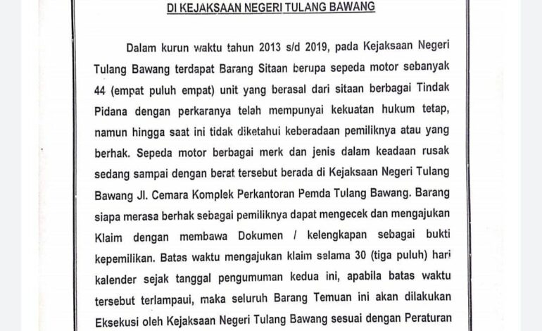  BARANG TEMUAN SEPEDA MOTOR DI KEJAKSAAN NEGERI TULANG BAWANG