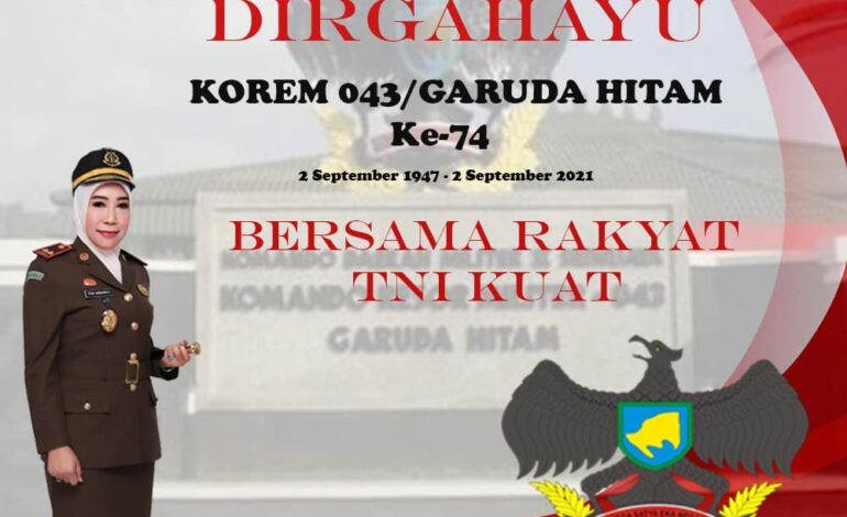  Kepala Kejaksaan Negeri Tulang Bawang Dyah Ambarwati, S.H., M.H beserta jajaran mengucapkan Dirgahayu Korem 043/Garuda Hitam yang ke-74 “Bersama Rakyat TNI Kuat”

@tni_angkatan_darat @kejaksaan.ri @kejatilampung @korem_043_garuda_hitam 
#kejaksaan #jaksa #korem #korem043 #korem043gatam #danrem #kajari #hutkorem #dirgahayukorem043