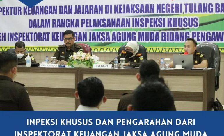  Rabu, 29 September 2021 telah dilaksanakan Inspeksi Khusus oleh Inspektorat Keuangan Jaksa Agung Muda Bidang Pengawasan di Kejaksaan Negeri Tulang Bawang serta pengarahan dari Inspektur Muda III pada Inspektorat Keuangan pada Jaksa Agung Muda Bidang Pengawasan (Ariefsyah Mulia Siregar, S