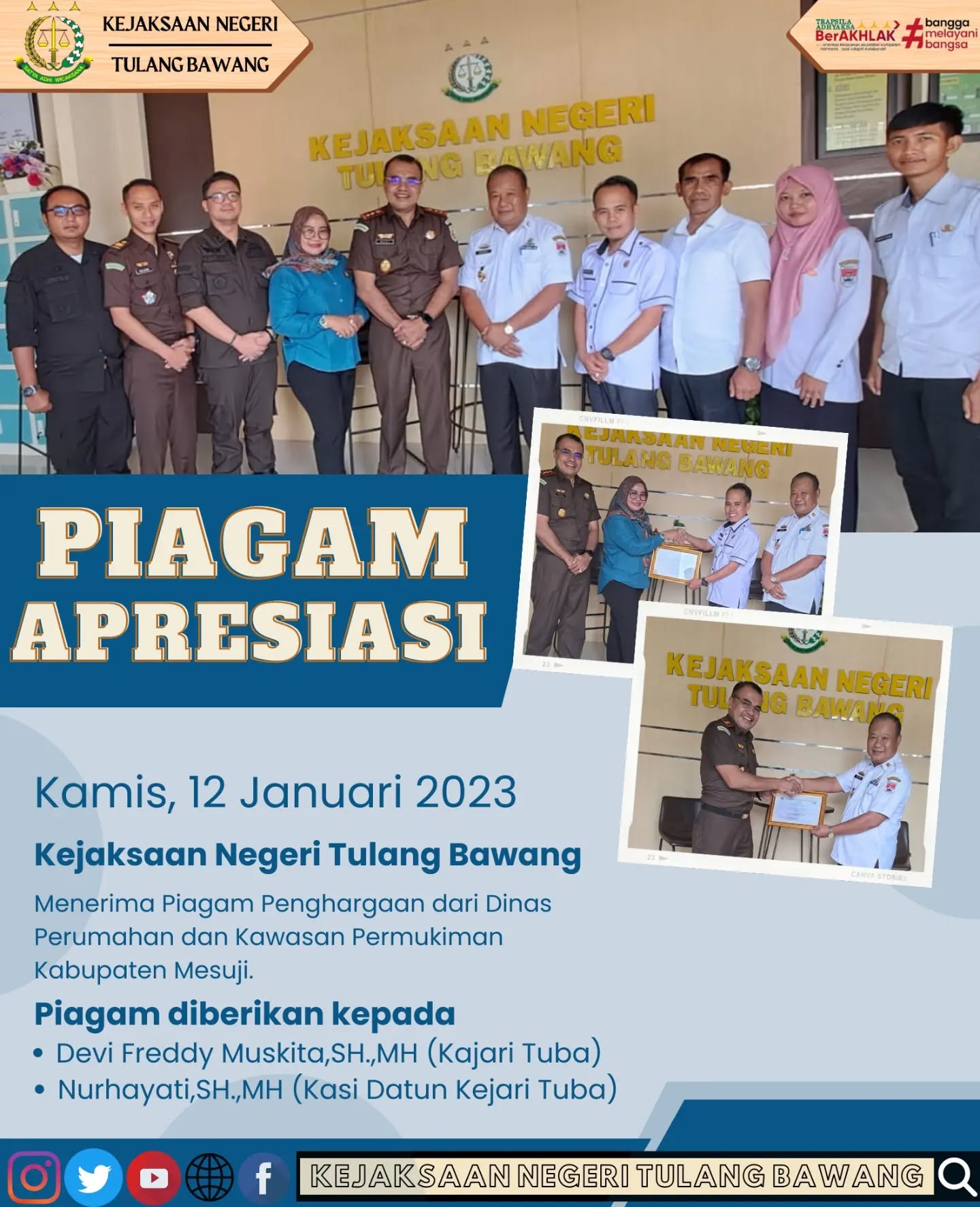 Kejaksaan Negeri Tulang Bawang Menerima Piagam Penghargaan dari Dinas Perumahan dan Kawasan Permukiman Kabupaten Mesuji