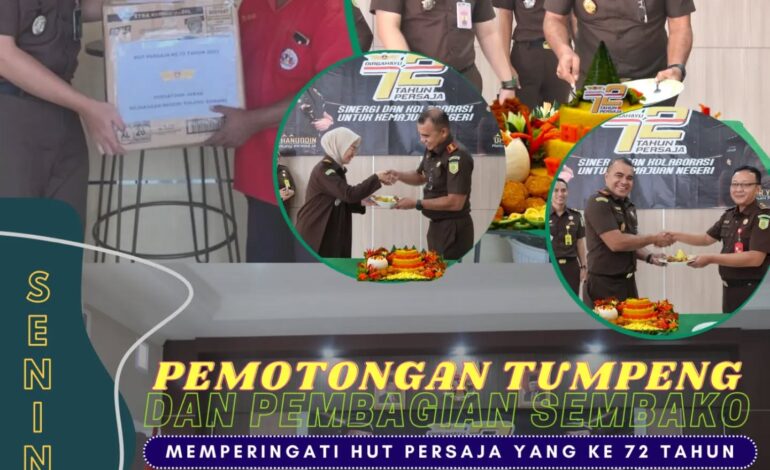  Kejaksaan Negeri Tulang Bawang melakukan Kegiatan Pemotongan Tumpeng dan Pembagian Sembako dalam Rangka Memperingati Hari Ulang Tahun Persatuan Jaksa (PERSAJA) yang ke 72 Tahun