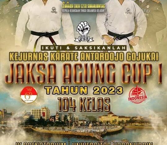  Sobat Adhyaksa, Jangan lupa saksikan Kejuaraan Nasional Karate Antardojo Gojukai yang akan memperebutkan Piala Bergilir “ JAKSA AGUNG ”yang pertama kalinya dilaksanakan untuk memperebutkan 104 Emas, 104 Perak, dan 208 Perunggu