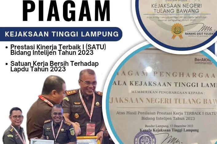  Kejaksaan Negeri Tulang Bawang menerima Piagam Penghargaan oleh Kejaksaan Tinggi Lampung dalam Kategori Prestasi Kerja Terbaik I (Satu) Bidang Intelijen Tahun 2023 dan Kategori Satuan Kerja Bersih Terhadap Lapdu Tahun 2023