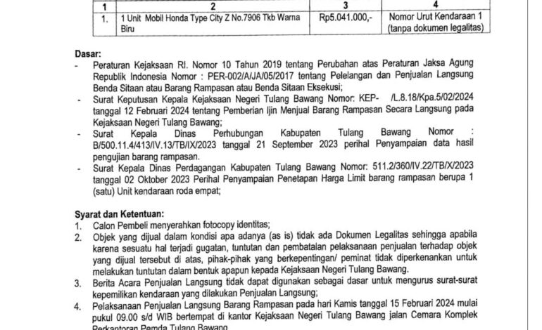  Penjualan Langsung Barang Bukti Rampasan Pada Kejaksaan Negeri Tulang Bawang