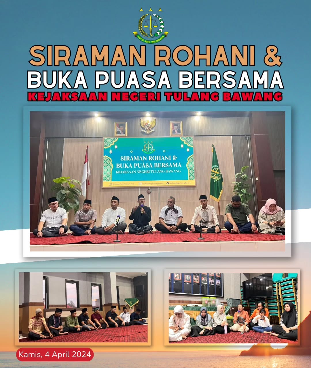 Kejaksaan Negeri Tulang Bawang melaksanakan Kegiatan Siraman Rohani sekaligus Buka Puasa bersama Pegawai Kejaksaan Negeri Tulang Bawang dan IAD Daerah Tulang Bawang di Aula Kantor Kejaksaan Negeri Tulang Bawang