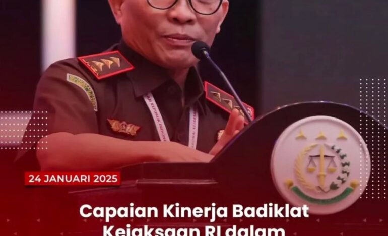  Kejaksaan Agung, Jakarta – Kejaksaan RI melalui Badan Pendidikan dan Pelatihan (Badiklat) Kejaksaan Republik Indonesia mencatat capaian kinerja di bawah Kepemimpinan Jaksa Agung ST Burhanuddin dalam mendukung program Prioritas Presiden Prabowo Subianto dan Wakil Presiden Gibran Rakabuming Raka, selama 100 hari periode 20 Oktober 2024 s