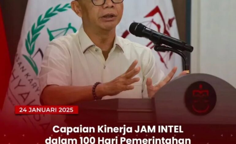  Kejaksaan RI melalui Jaksa Agung Muda Bidang Intelijen (JAM INTEL) mencatat capaian kinerja di bawah Kepemimpinan Jaksa Agung ST Burhanuddin dalam mendukung program Prioritas Presiden Prabowo Subianto dan Wakil Presiden Gibran Rakabuming Raka, selama 100 hari periode 20 Oktober 2024 s