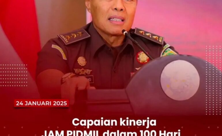  Kejaksaan Agung, Jakarta – Kejaksaan RI melalui Jaksa Agung Muda Bidang Pidana Militer (JAM PIDMIL) mencatat capaian kinerja di bawah Kepemimpinan Jaksa Agung ST Burhanuddin dalam mendukung Program Prioritas Presiden Prabowo Subianto dan Wakil Presiden Gibran Rakabuming Raka, selama 100 hari Kabinet Merah Putih periode 20 Oktober 2024 s