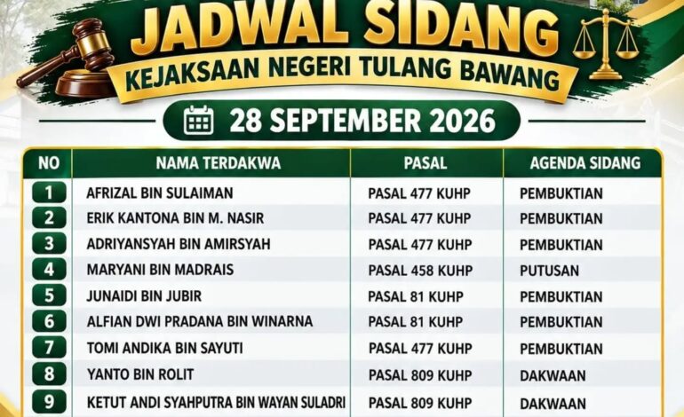  Jadwal Sidang Tindak Pidana Umum Kejaksaan Negeri Tulang Bawang Senin, 28 September 2026