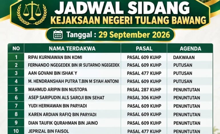  Jadwal Sidang Tindak Pidana Umum Kejaksaan Negeri Tulang Bawang Selasa, 29 September 2026