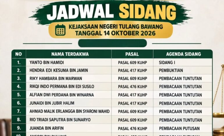  Jadwal Sidang Tindak Pidana Umum Kejaksaan Negeri Tulang Bawang Rabu, 14 Oktober 2026